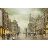 STEVEN SCHOLES OIL PAINTING ON CANVAS Edwardian street scene at dusk busy with handsome cabs and