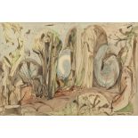BERNARD KAY (b. 1927) MIXED MEDIA ON PAPER Stylized wooded landscape Signed and dated 7.3.51 14 1/2"