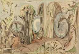 BERNARD KAY (b. 1927) MIXED MEDIA ON PAPER Stylized wooded landscape Signed and dated 7.3.51 14 1/2"