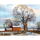 PATRICK BURKE PAIR OF OIL PAINTINGS Winter landscapes with snow and cottage and figure chipping wood