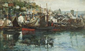 JOHN ROBERTSON REID (1851 - 1926) OIL PAINTING ON CANVAS Cornish harbour with fishing boats Signed