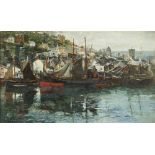 JOHN ROBERTSON REID (1851 - 1926) OIL PAINTING ON CANVAS Cornish harbour with fishing boats Signed