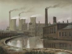 STEVEN SCHOLES (b.1952) OIL ON CANVAS Power station and canal Signed lower right Titled and dated