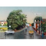 PATRICK BURKE OIL PAINTING Street scene with motor cars and pedestrians Signed lower left 10 1/2"