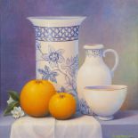 TRISHA HARDWICK (CONTEMPORARY) OIL PAINTING ON CANVAS 'Oranges, Blossom and China', signed lower