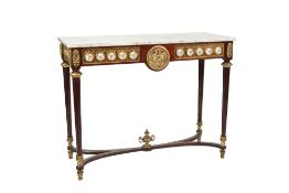 LOUIS XVI STYLE MAHOGANY AND GILT METAL MOUNTED CONSOLE TABLE, the oblong grey veined marble top