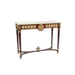 LOUIS XVI STYLE MAHOGANY AND GILT METAL MOUNTED CONSOLE TABLE, the oblong grey veined marble top