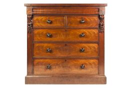 VICTORIAN MAHOGANY CHEST OF DRAWERS, the oblong top above an ogee moulded frieze drawer, over two