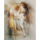 A MODERN ARTIST SIGNED REPRODUCTION COLOUR PRINT 'Lady standing before a juke box' Indistinctly