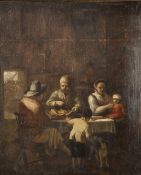 CIRCLE OF JAN VAN OSTADE OIL PAINTING ON OAK PANEL An interior with a peasant family enjoying a