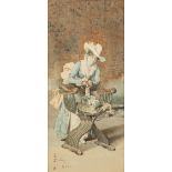 PAOLO BEDINI (1844-1924) WATERCOLOUR An elegant lady playing with a kitten upon an 'X' framed