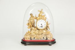 A LATE 19TH CENTURY FRENCH GILT SPELTER MANTEL CLOCK on ebonized plinth beneath a glass dome