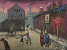JAMES DOWNIE OIL PAINTING ON CANVAS 'Ales and Stouts' Northern street scene with figures Signed 11