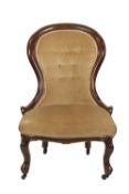 VICTORIAN MOULDED WALNUTWOOD LADIES EASY CHAIR, the moulded, waisted, show-wood back above a