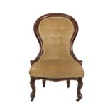 VICTORIAN MOULDED WALNUTWOOD LADIES EASY CHAIR, the moulded, waisted, show-wood back above a