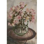 IRENE ECKERLEY (Twentieth Century) OIL PAINTING Still life - Pink roses in a glass jug on a circular