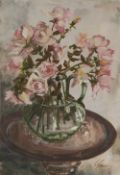 IRENE ECKERLEY (Twentieth Century) OIL PAINTING Still life - Pink roses in a glass jug on a circular