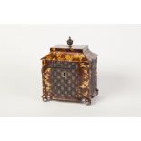 GEORGE III TORTOISESHELL PAGODA TOPPED RECTANGULAR TEA CADDY, the hinged lid with metal urn