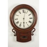 LATE NINETEENTH/EARLY TWENTIETH CENTURY MAHOGANY DROP DIAL WALL CLOCK, the 12" Roman dial powered by