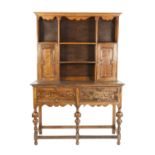 ANTIQUE AND LATER OAK DRESSER of small proportions, the back with moulded cornice above open shelves