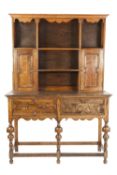 ANTIQUE AND LATER OAK DRESSER of small proportions, the back with moulded cornice above open shelves