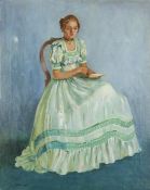 OIL PAINTING ON CANVAS A YOUNG LADY SEATED HOLDING A BOOK, signed and dated 1982 lower left 30" x