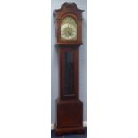 REPRODUCTION FIGURED MAHOGANY LONGCASE CLOCK, the 11" engraved brass dial with silvered chapter