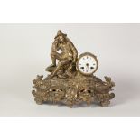 LATE NINETEENTH CENTURY FRENCH GILT METAL FIGURAL MANTEL CLOCK, the 3" enamelled Roman dial (