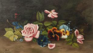 L. SMITH (Early Twentieth Century) OIL PAINTING Still life - Spring flowers including pink rose,