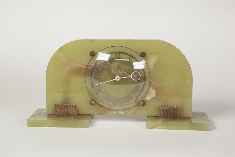 ART DECO GREEN ONYX AND GILT METAL MANTEL CLOCK, the 4" Arabic chapter ring, powered by a wind-up