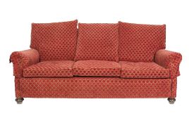 VICTORIAN THREE SEATER SETTEE, with cushions to the straight back and seat, scroll arms and turned