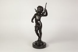 CAST BRONZE FIGURE OF CUPID, Signed Mozeou Scuepteur, dark brown patination, on a circular