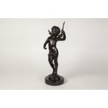 CAST BRONZE FIGURE OF CUPID, Signed Mozeou Scuepteur, dark brown patination, on a circular