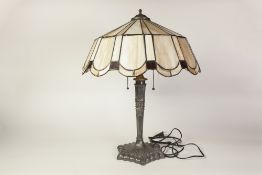 TIFFANY STYLE EMBOSSED WHITE METAL TABLE LAMP with white and brown 'leaded' shade, 23" (58.4cm) high