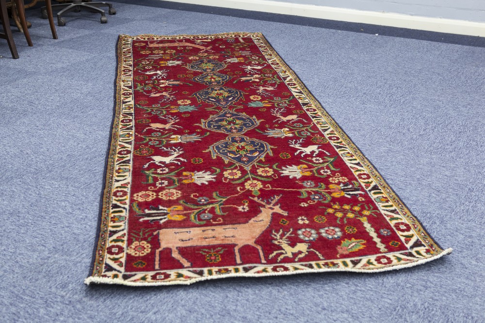 IRANIAN HAND MADE RUNNER with five leaf shaped pole medallions, midnight blue and floral on a