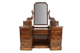 EARLY VICTORIAN TWIN PEDESTAL MAHOGANY DRESSING TABLE, each pedestal with four drawers and tuned