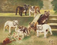 C.C (initials) OIL PAINTING ON CANVAS Seven bulldogs dated 1910, 7" x 9" (18 cm x 23 cm)