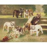 C.C (initials) OIL PAINTING ON CANVAS Seven bulldogs dated 1910, 7" x 9" (18 cm x 23 cm)