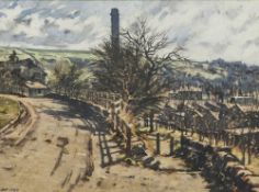 JOHN McCOMBES (b.1943) OIL PAINTING 'Hill End Road - Delph - Saddleworth' Initialled and date 1980