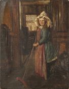 A.B. WALKER (Nineteenth Century) OIL PAINTING ON CANVAS Interior with girl and broom Signed,