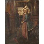 A.B. WALKER (Nineteenth Century) OIL PAINTING ON CANVAS Interior with girl and broom Signed,