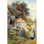 IRENE SLACK (Nineteenth/Twentieth Century) WATERCOLOUR DRAWING Maids outside a cottage, 'Welford
