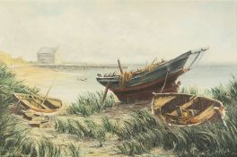 ANDREW ALLAN (MODERN) OIL PAINTING ON CANVAS Coastal scene with beached rowing boat and other craft,
