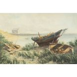 ANDREW ALLAN (MODERN) OIL PAINTING ON CANVAS Coastal scene with beached rowing boat and other craft,