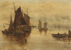 BRITISH SCHOOL (circa 1900) OIL PAINTING ON CANVAS Fishing boats becalmed with figures in rowing