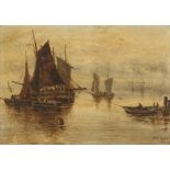 BRITISH SCHOOL (circa 1900) OIL PAINTING ON CANVAS Fishing boats becalmed with figures in rowing