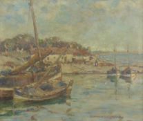 GERTRUDE M. COVENTRY (1886-1964) OIL PAINTING ON CANVAS BOARD Harbour scene with moored sailing