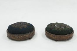 PAIR OF NINETEENTH CENTURY CIRCULAR FOOTSTOOLS, with beadwork covers, 10 1/4" (26cm) diameter (2) (