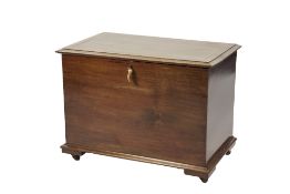 EDWARDIAN MAHOGANY BLANKET BOX OF SMALL PROPORTIONS, the chamferred oblong top outlined in satinwood