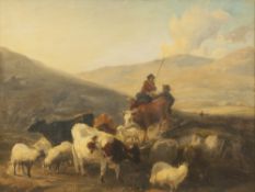 THOMAS SIDNEY COOPER R.A (1803 - 1902) OIL PAINTING ON PANEL Drovers with cattle and sheep in an